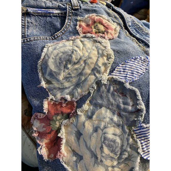 OOAK SAVED JEANS REFASHIONED UPCYCLED PATCHED DISTRESSED WASHED AND FRINGED 16A - Picture 6 of 16